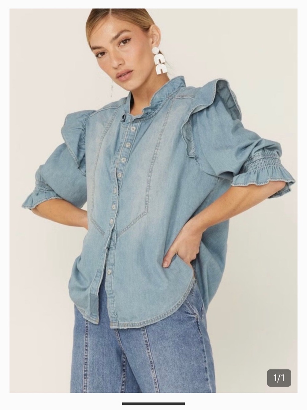 We The Free Louise Blue Ruffled Denim Button Shirt‎ Top